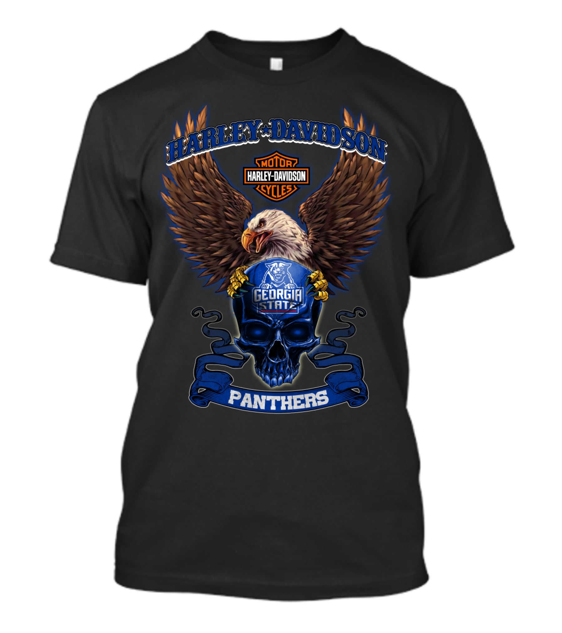 Harley Davidson Motor Cycles Georgia State Panthers Eagle And Skull T-Shirt