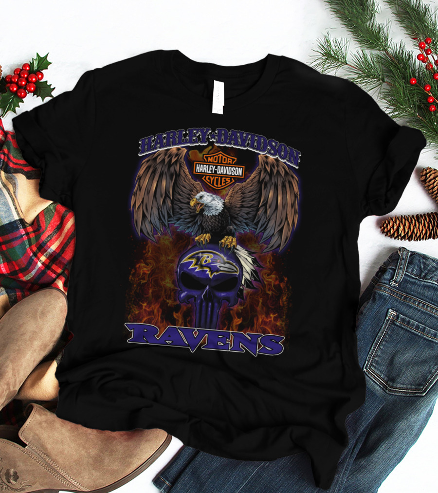 Harley Davidson Motor Cycles Eagle Ravens Baltimore Ravens T-Shirt
