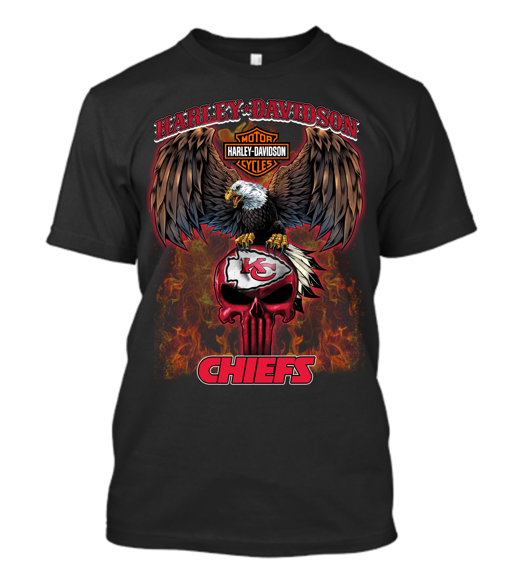 Harley Davidson Motor Cycles Kansas City Chiefs Eagle Skull Flames T-Shirt