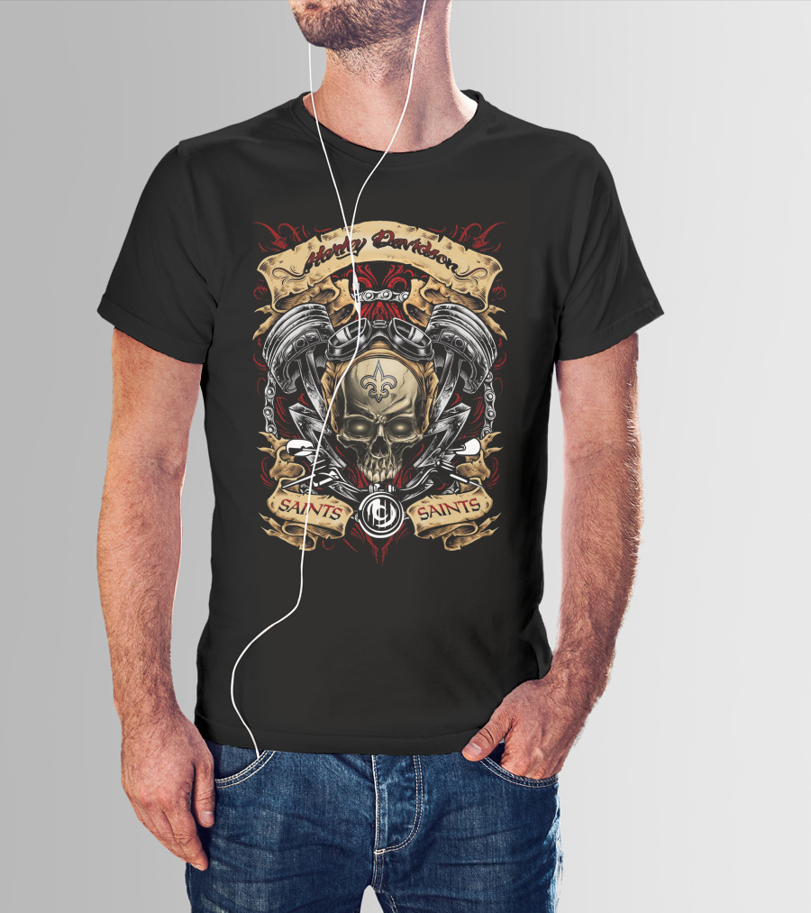 Harley Davidson New Orleans Saints Nfl Skull And Motor Design T5M1 T-Shirt