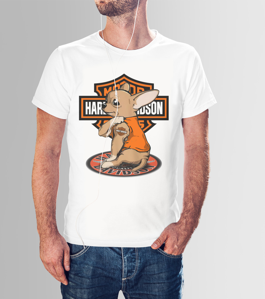 Harley Davidson Chihuahua With Orange Jacket And Motor T-Shirt