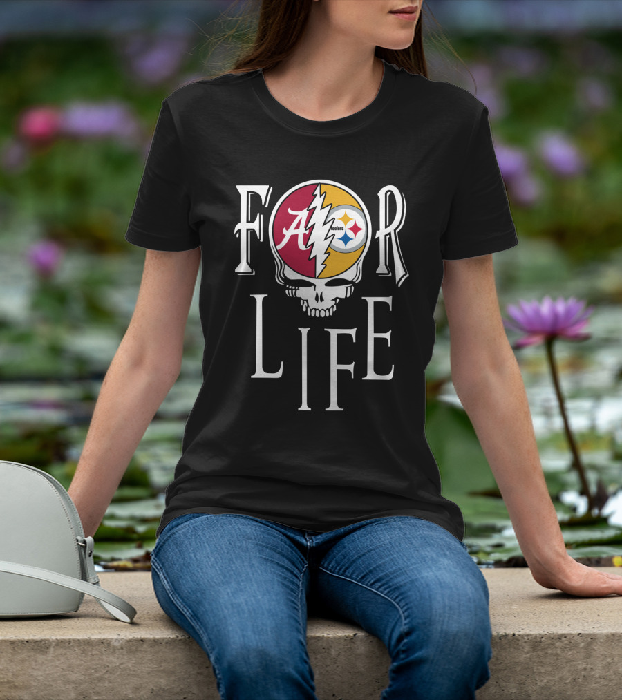 For Life Alabama Crimson Tide Steelers Grateful Dead Skull T-Shirt