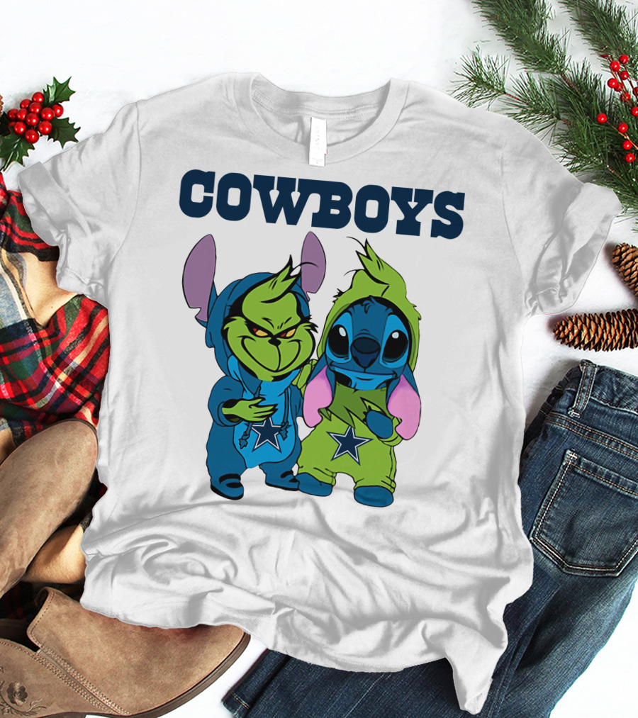 Cowboys Disney NFL Stitch Grinch Character Mashup T-Shirt