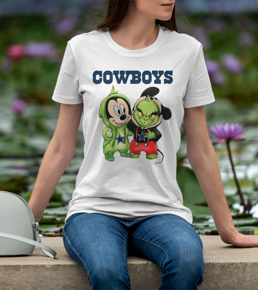 Cowboys Mickey Mouse And Grinch Collaboration Football Fan Style T-Shirt