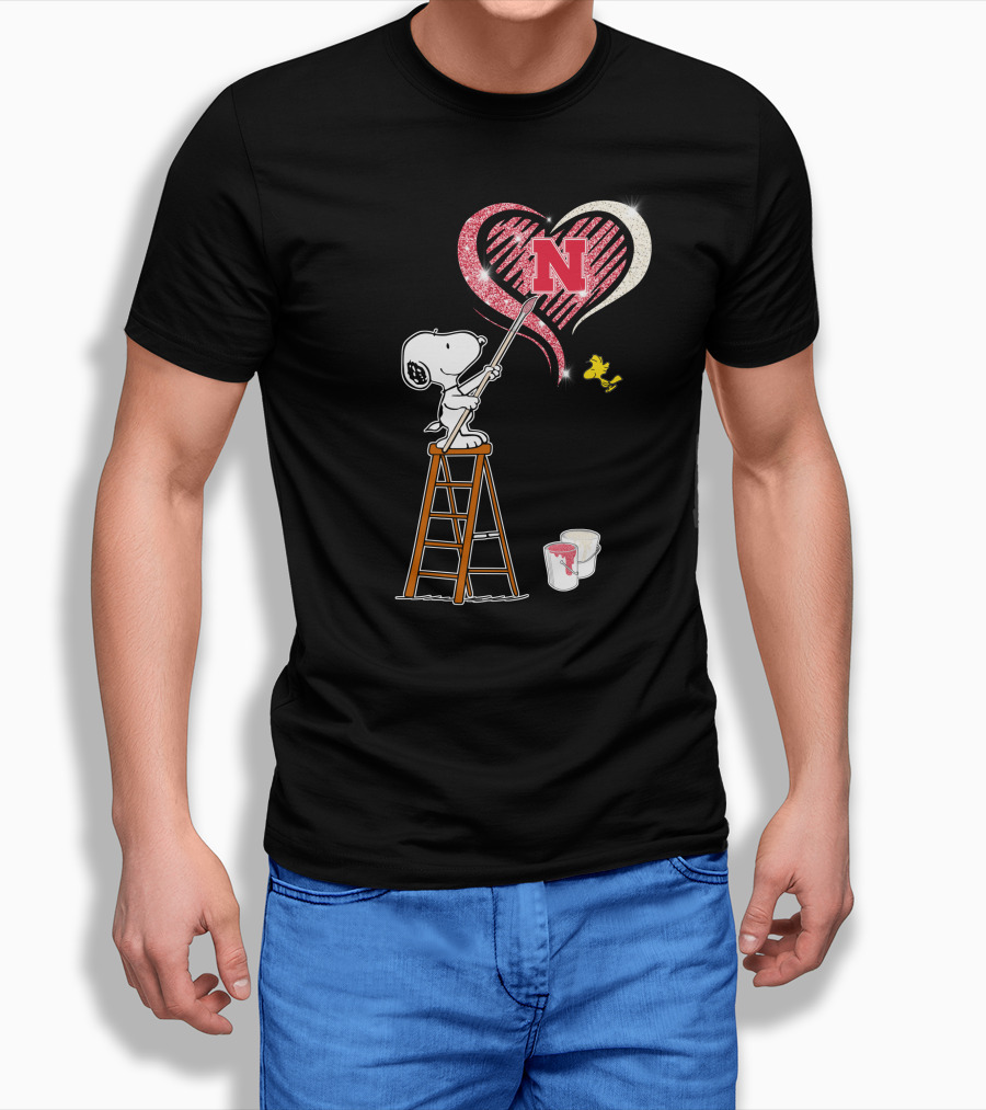Snoopy Nebraska Huskers Heart Painting Woodstock Collaboration T-Shirt