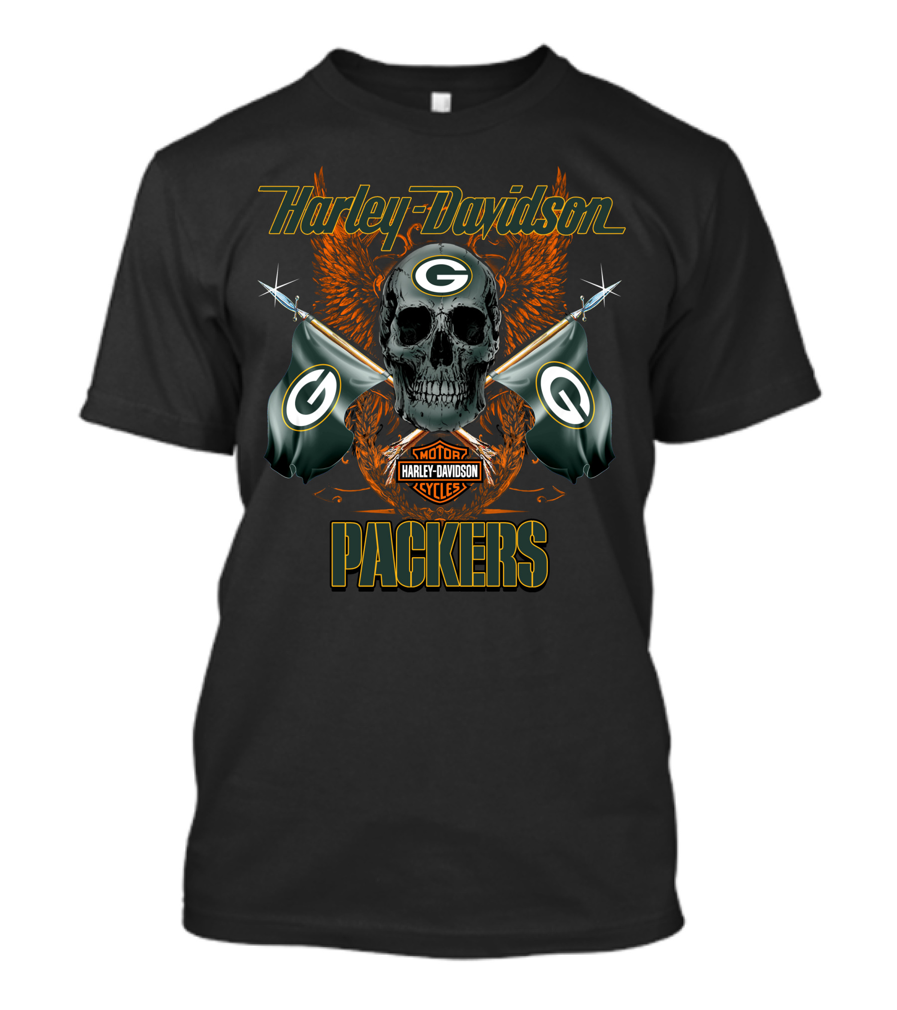 Harley Davidson Packers Skull Flags Green Bay T-Shirt
