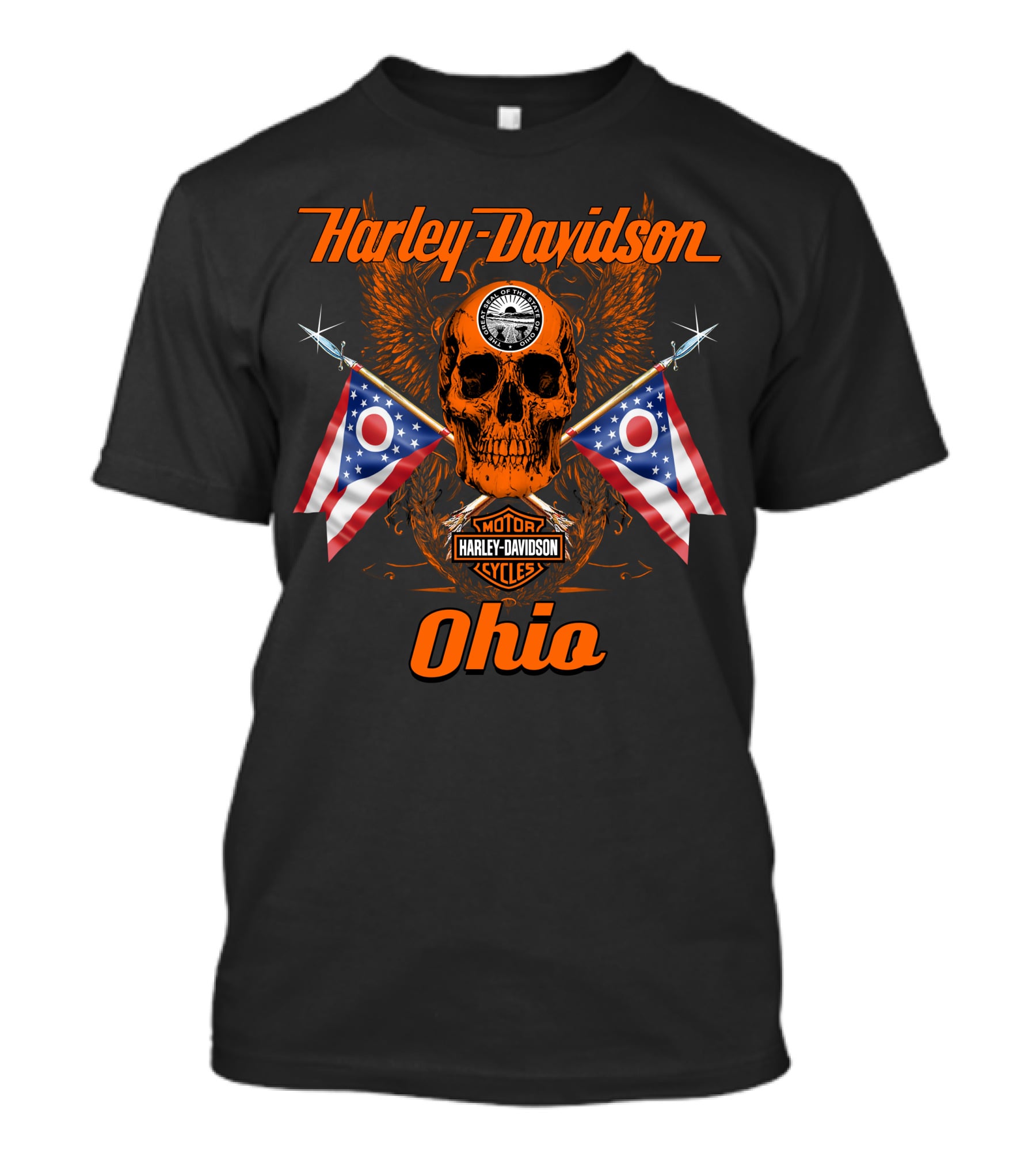Harley Davidson Ohio Skull With Flags And Wings T-Shirt