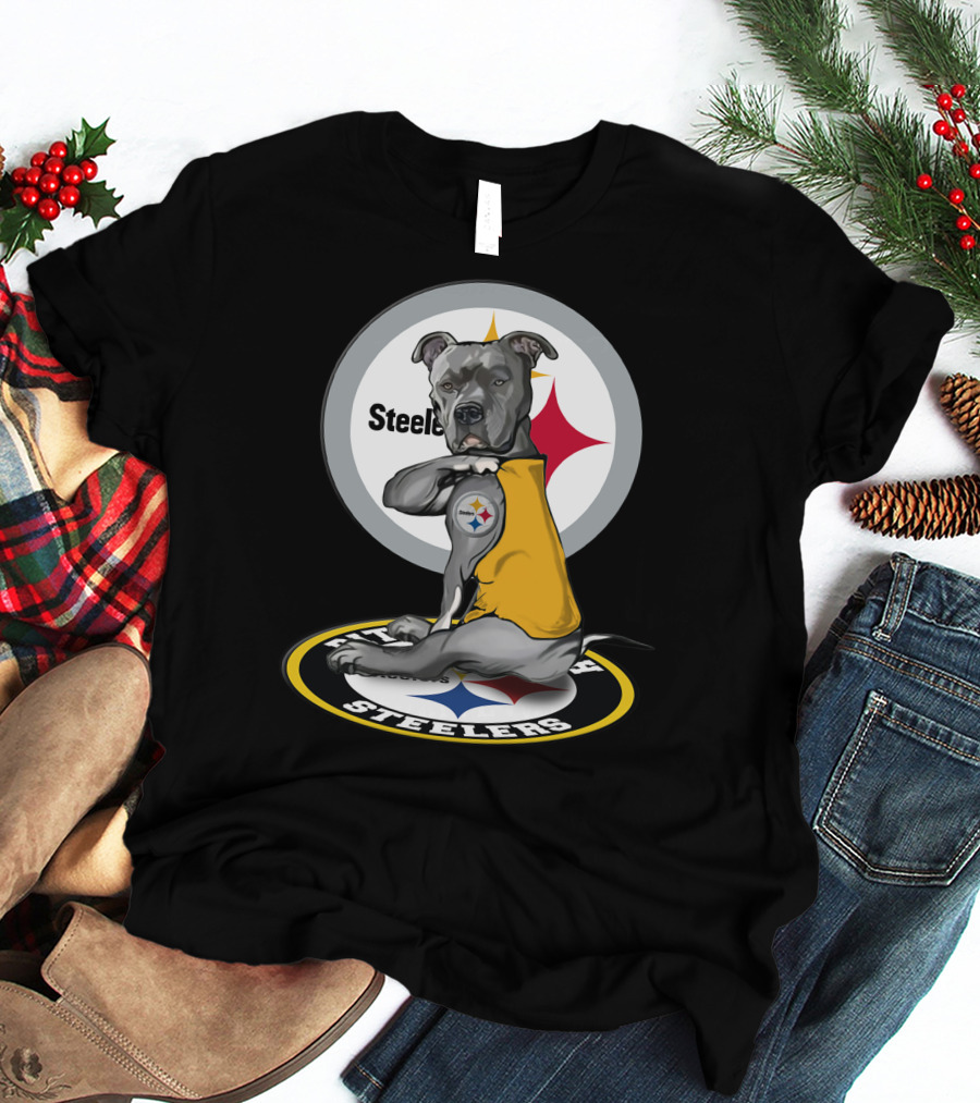 Pittsburgh Steelers Dog With Logo Tattoo And Yellow Vest T-Shirt