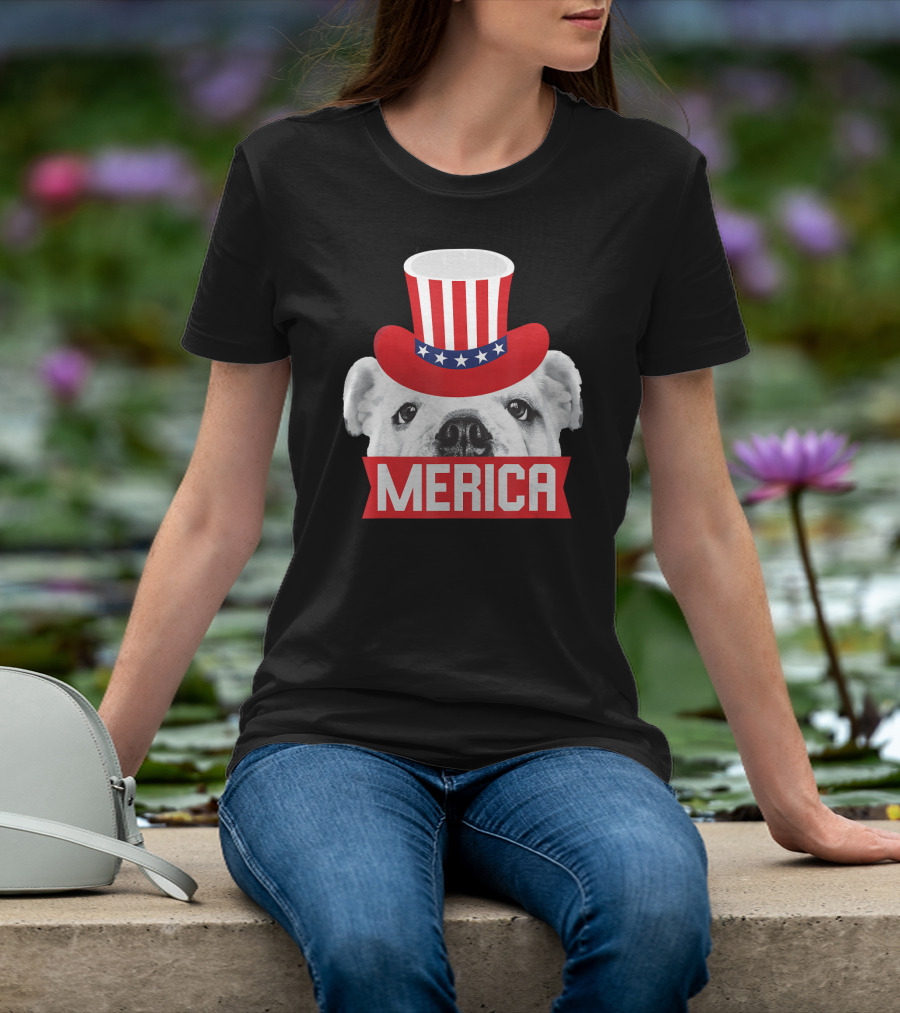 Merica English Bulldog Patriotic Top Hat Fourth Of July T-Shirt