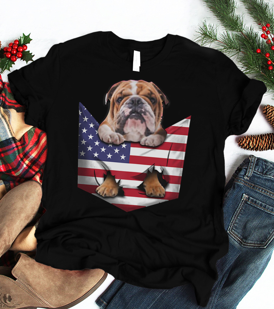 English Bulldog In American Flag Pocket T-Shirt