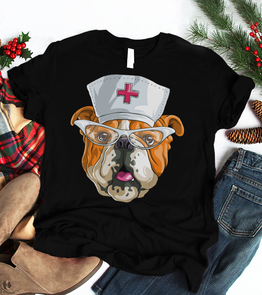 English Bulldog Nurse Hat Glasses Dog T-Shirt