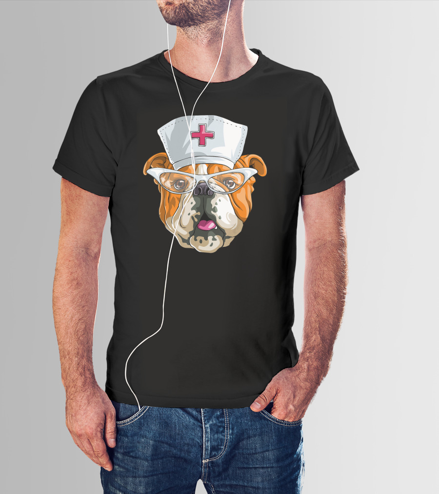 English Bulldog Nurse Hat Glasses Dog T-Shirt