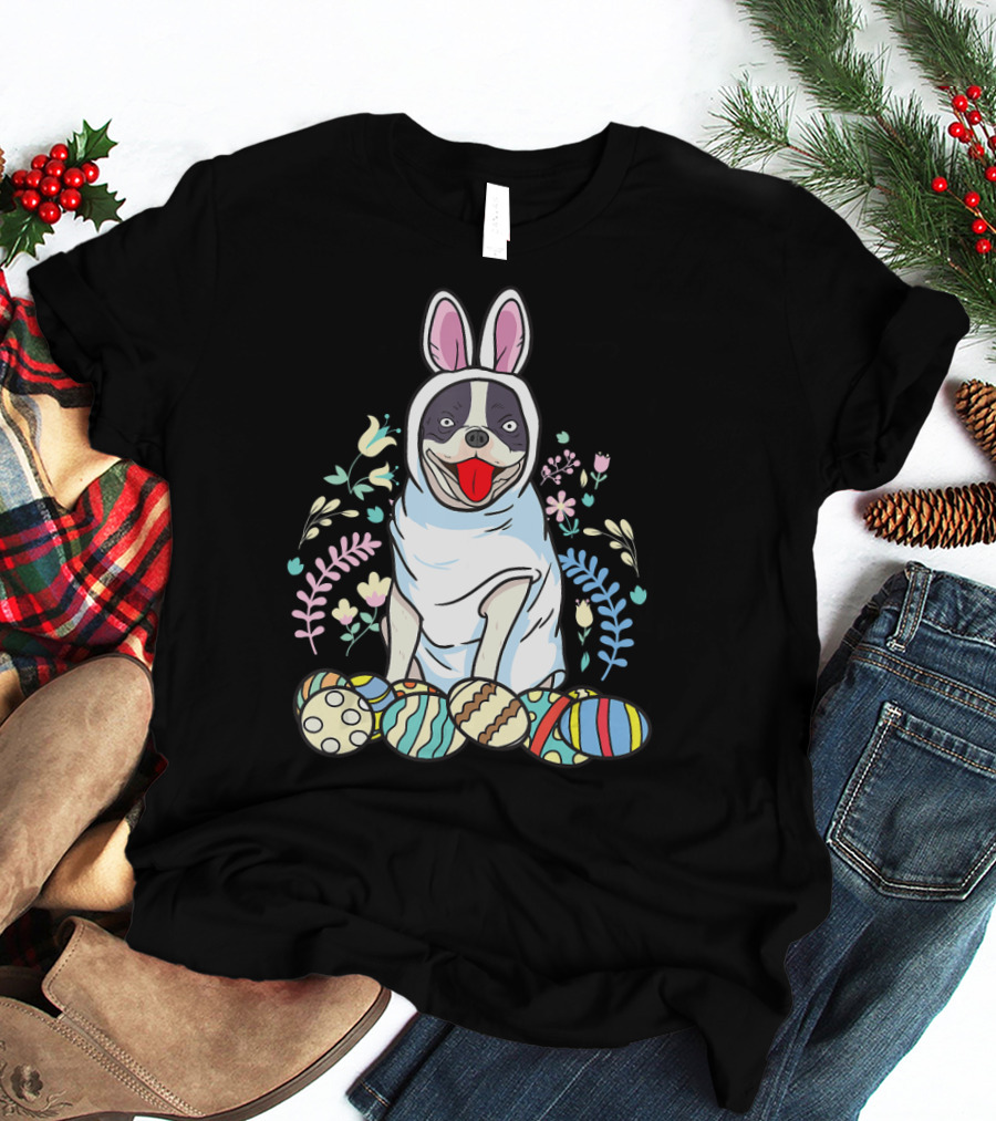 French Bulldog Bunny Ears Easter Eggs Floral Co T-Shirt