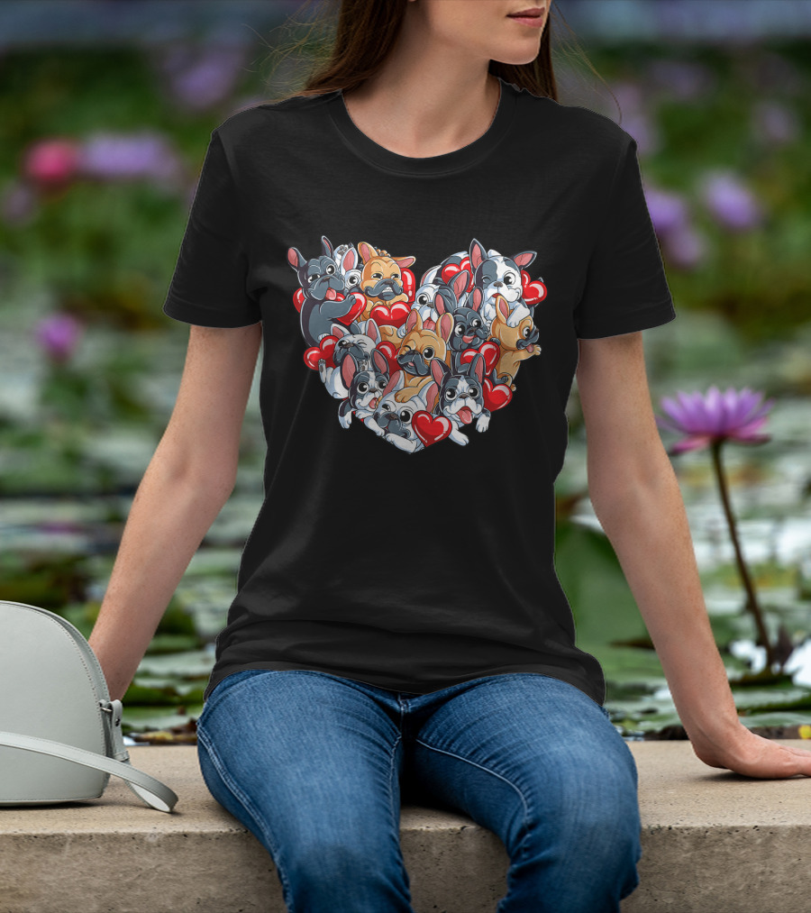 French Bulldog Valentines Day Heart With Cute Puppies And Red Hearts T-Shirt