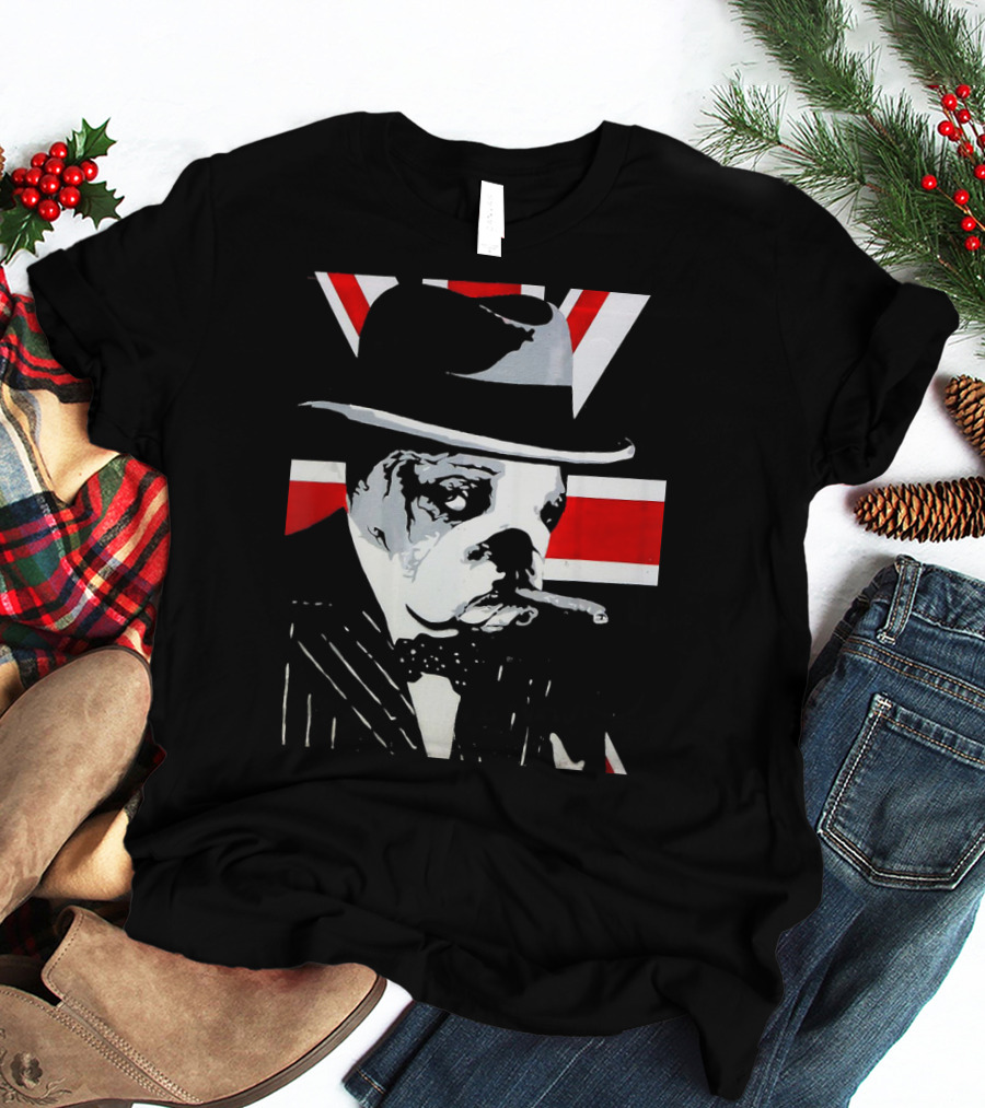 Funny English Bulldog Smoking Cigar Wearing Hat With Union Jack Background T-Shirt