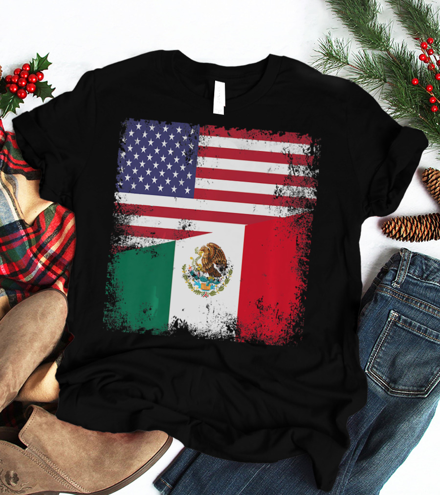 Half Mexican Flag Vintage Mexico U.S. American Flag Dual Heritage T-Shirt
