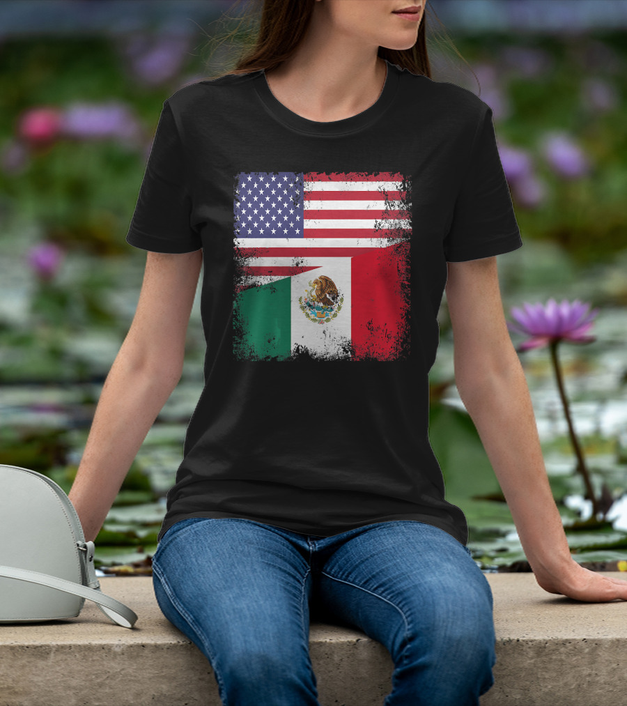 Half Mexican Flag Vintage Mexico U.S. American Flag Dual Heritage T-Shirt