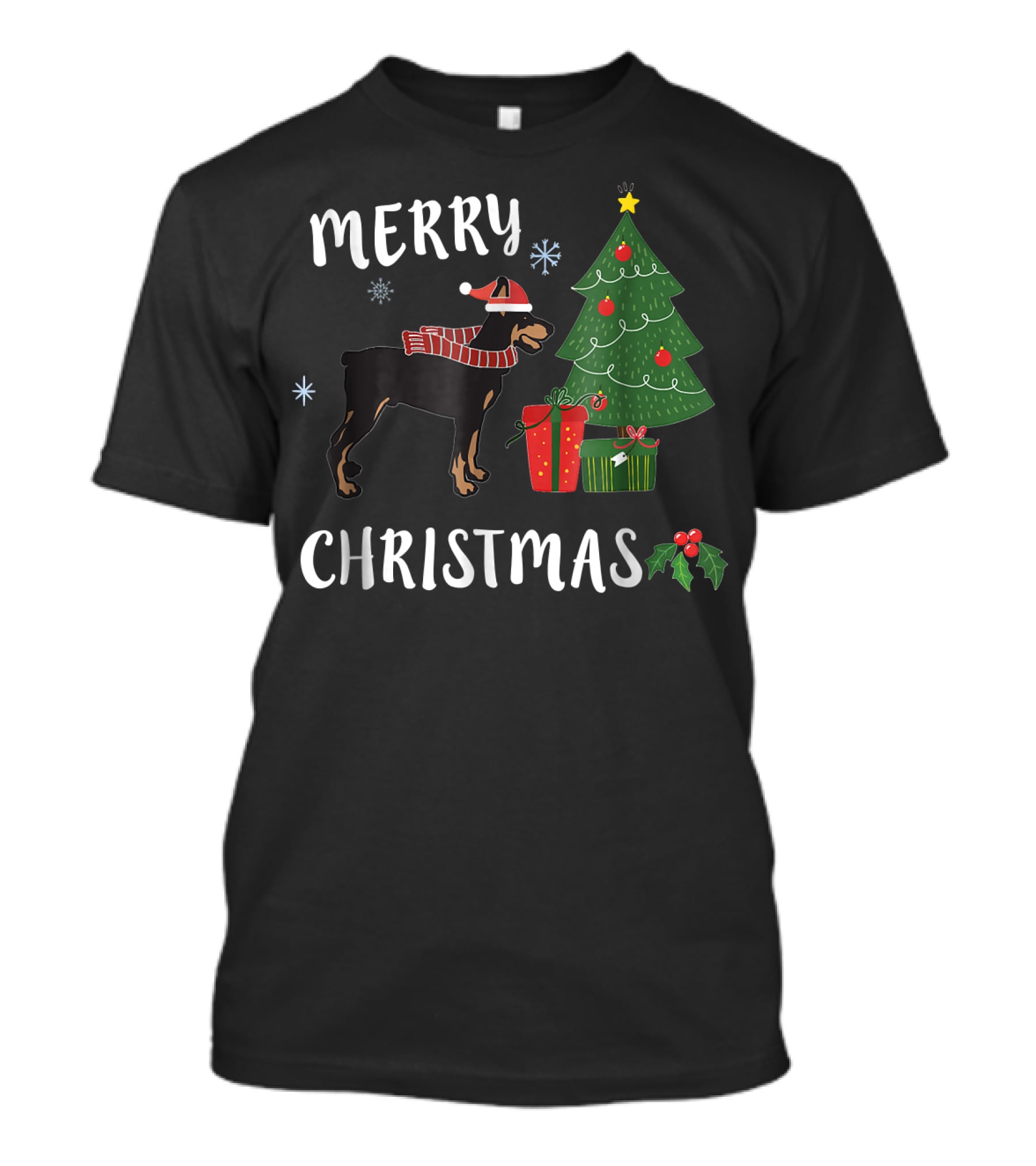 Merry Christmas Doberman With Santa Hat And Christmas Tree T-Shirt