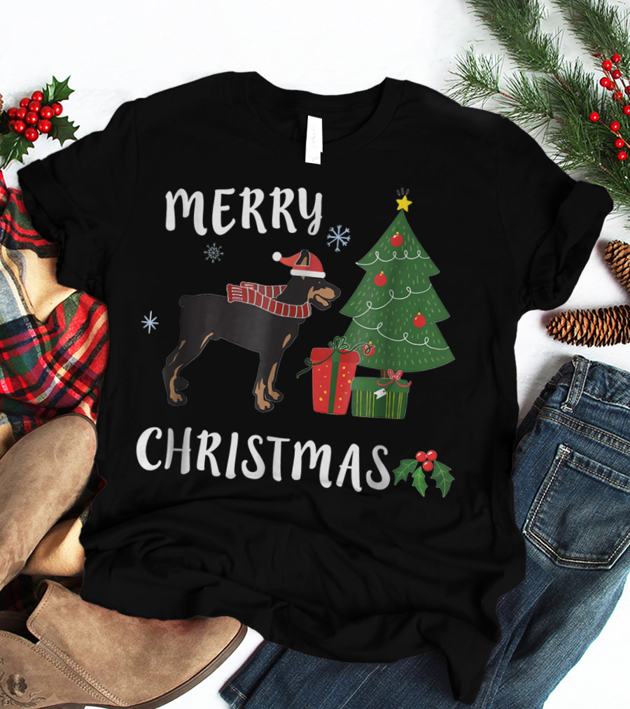Merry Christmas Doberman With Santa Hat And Christmas Tree T-Shirt