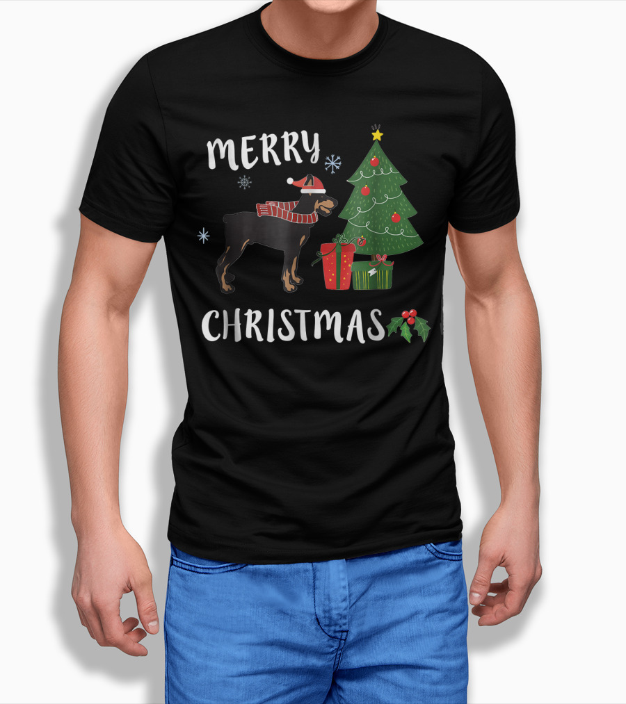 Merry Christmas Doberman With Santa Hat And Christmas Tree T-Shirt