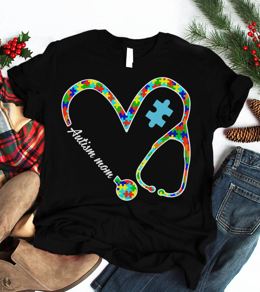 Autism Mom Puzzle Heart Stethoscope Nurse T-Shirt