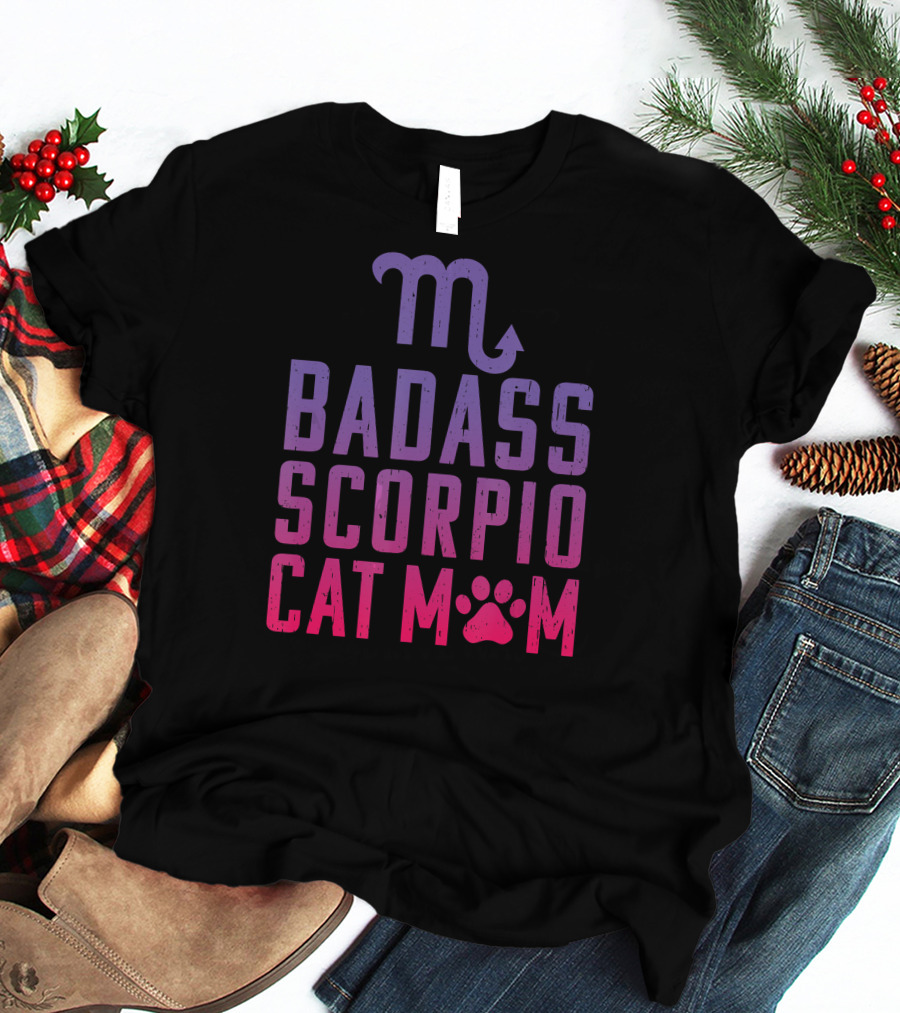 Badass Scorpio Cat Mom With Zodiac Symbol And Paw Prints T-Shirt