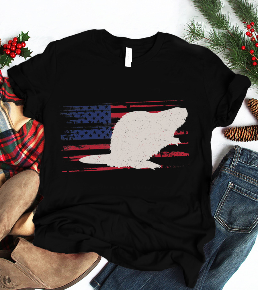 Beaver Silhouette Over Distressed US American Flag Rodent T-Shirt