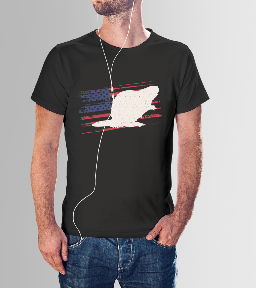 Beaver Silhouette Over Distressed US American Flag Rodent T-Shirt