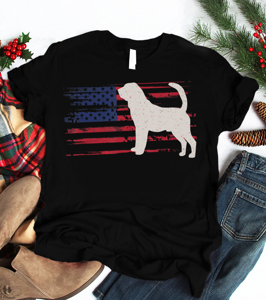 Bloodhound Puppy Silhouette With Distressed American Flag Background T-Shirt
