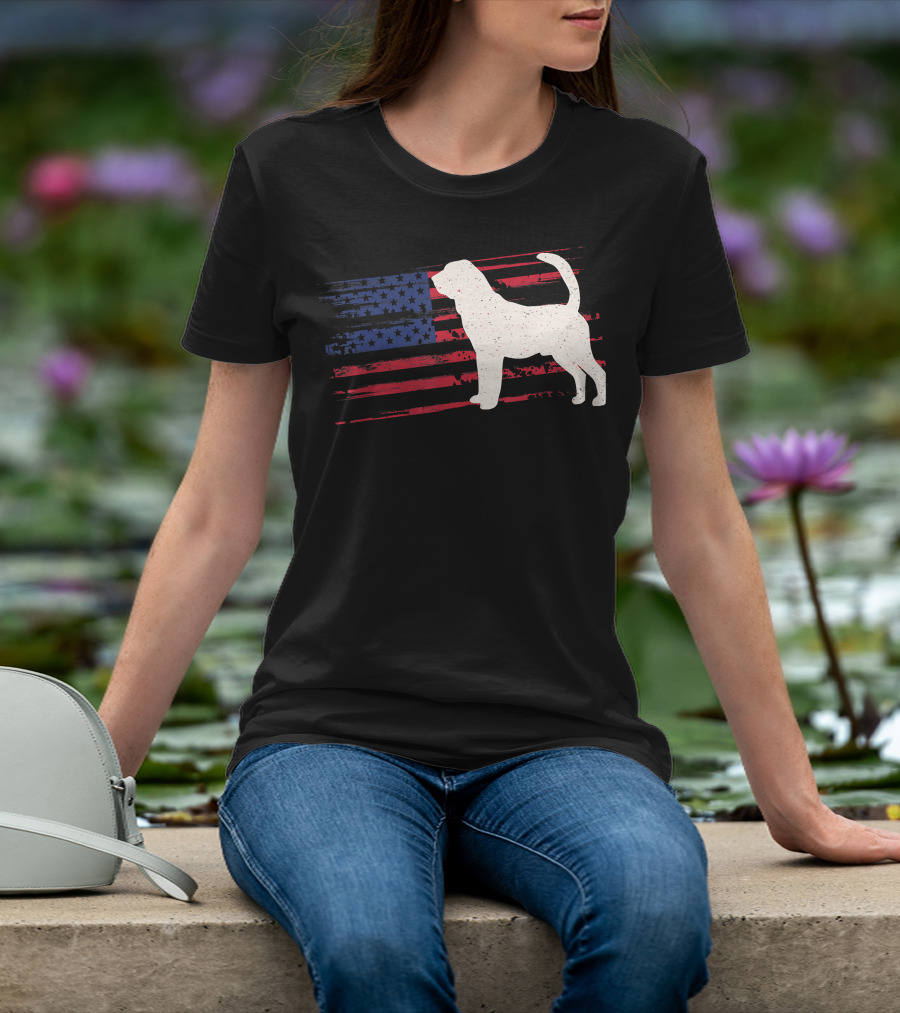 Bloodhound Puppy Silhouette With Distressed American Flag Background T-Shirt