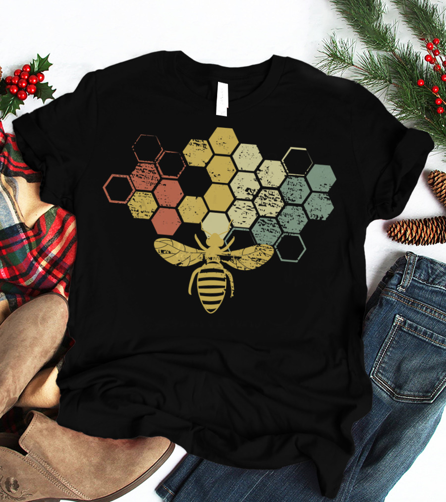 Vintage Beekeeper Honey Bee Retro Hexagonal Honeycomb T-Shirt