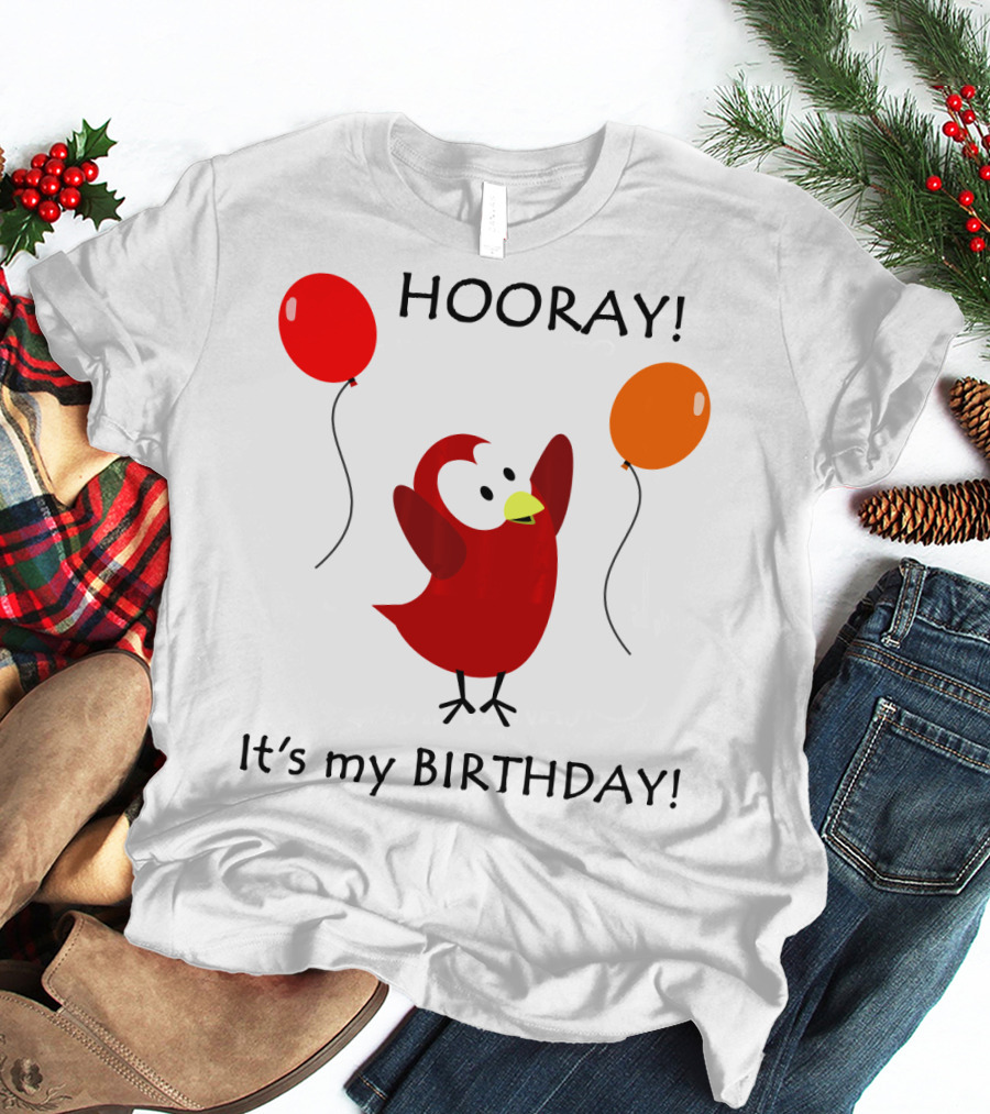 Hooray It's My Birthday Sammy Bird With Red And Orange Balloons T-Shirt