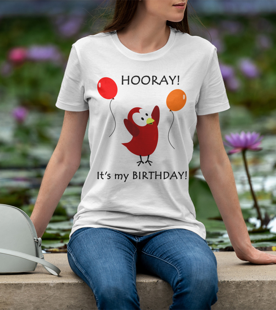 Hooray It's My Birthday Sammy Bird With Red And Orange Balloons T-Shirt