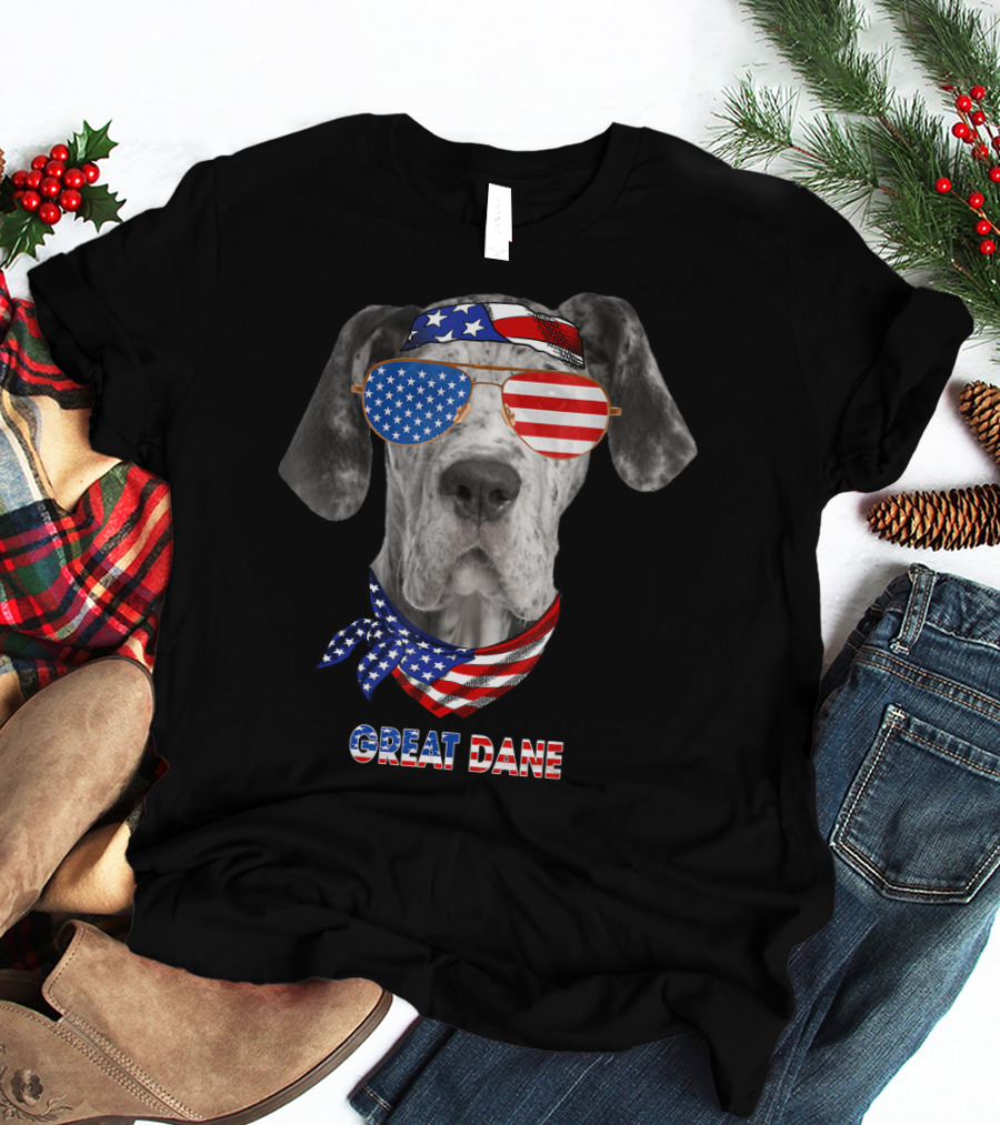 Great Dane Dog In American Flag Glasses And Bandana T-Shirt