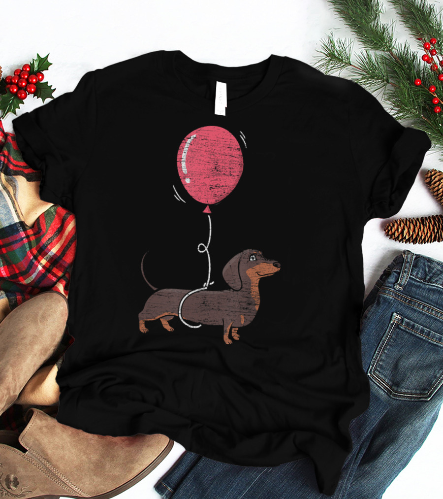 Balloon Dachshund Sketch With Red Balloon And Brown Dog Balloon Dachshund T-Shirt