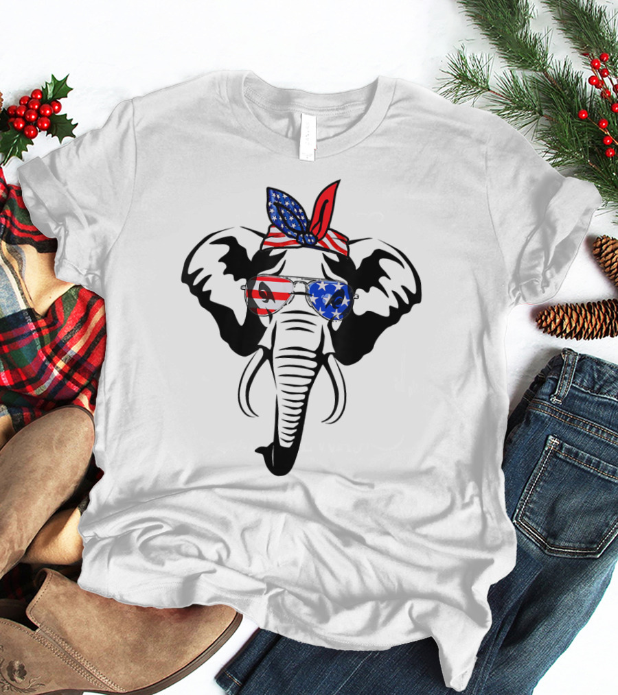 Elephant Wearing American Flag Glasses And Bandana T-Shirt