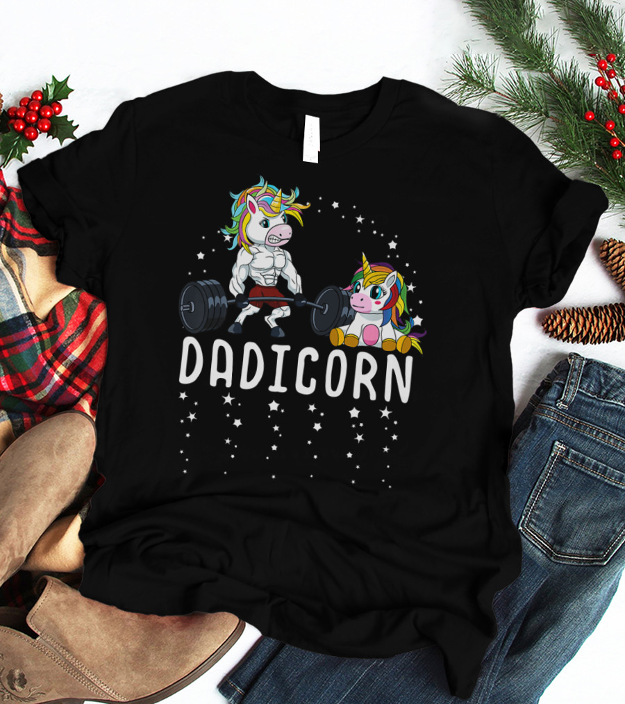 Dadicorn Unicorn Dad Fitness Gym Muscles Weights Lifting Stars T-Shirt