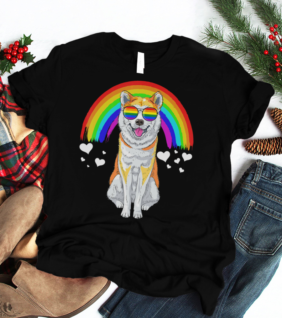 Akita Inu Rainbow Pride Sunglasses Hearts T-Shirt