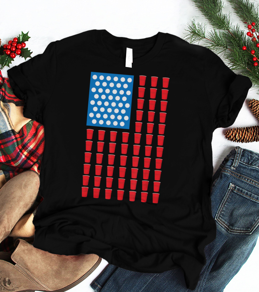 American Flag Beer Pong Red Cup Pattern Patriotic Party T-Shirt