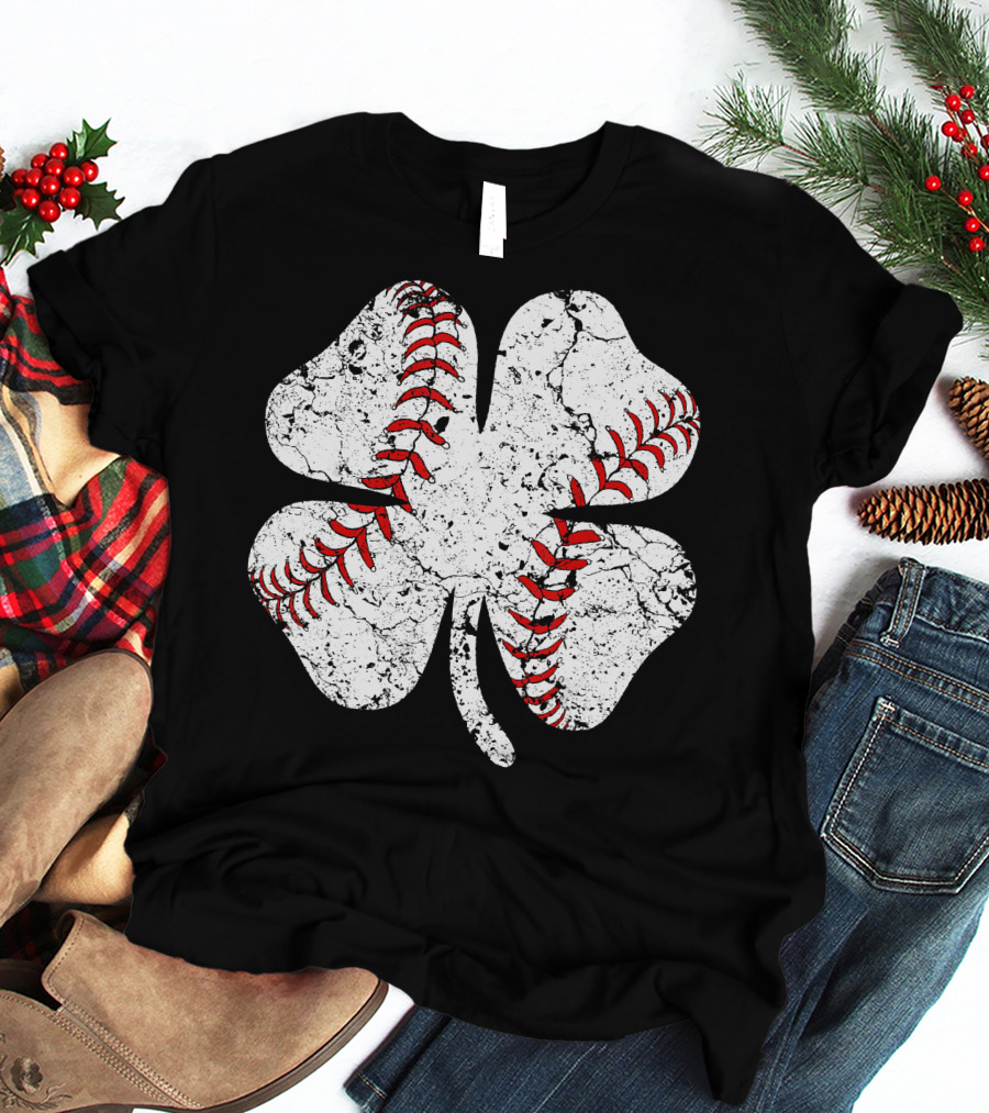 Baseball St Patricks Day Clover Stitching T-Shirt