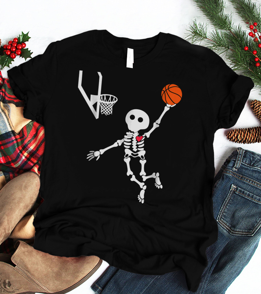 Basketball Skeleton Slam Dunk With Heart T-Shirt
