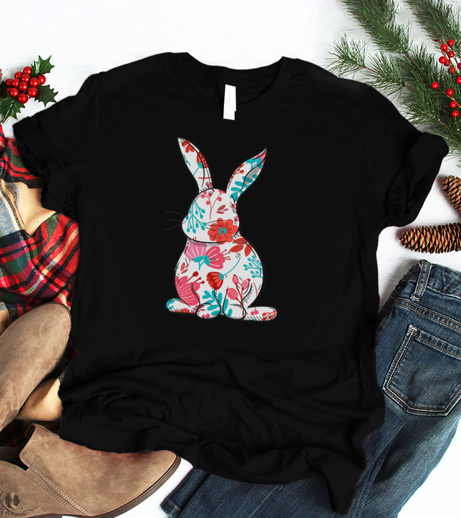 Easter Bunny With Colorful Floral Pattern For Women T-Shirt