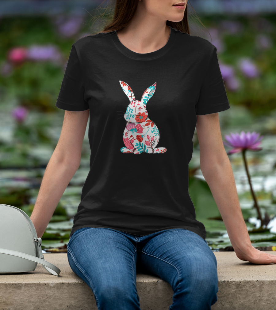 Easter Bunny With Colorful Floral Pattern For Women T-Shirt