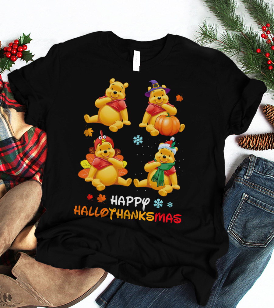 Happy Hallothanksmas Pooh Bear Seasonal Holiday Fun T-Shirt