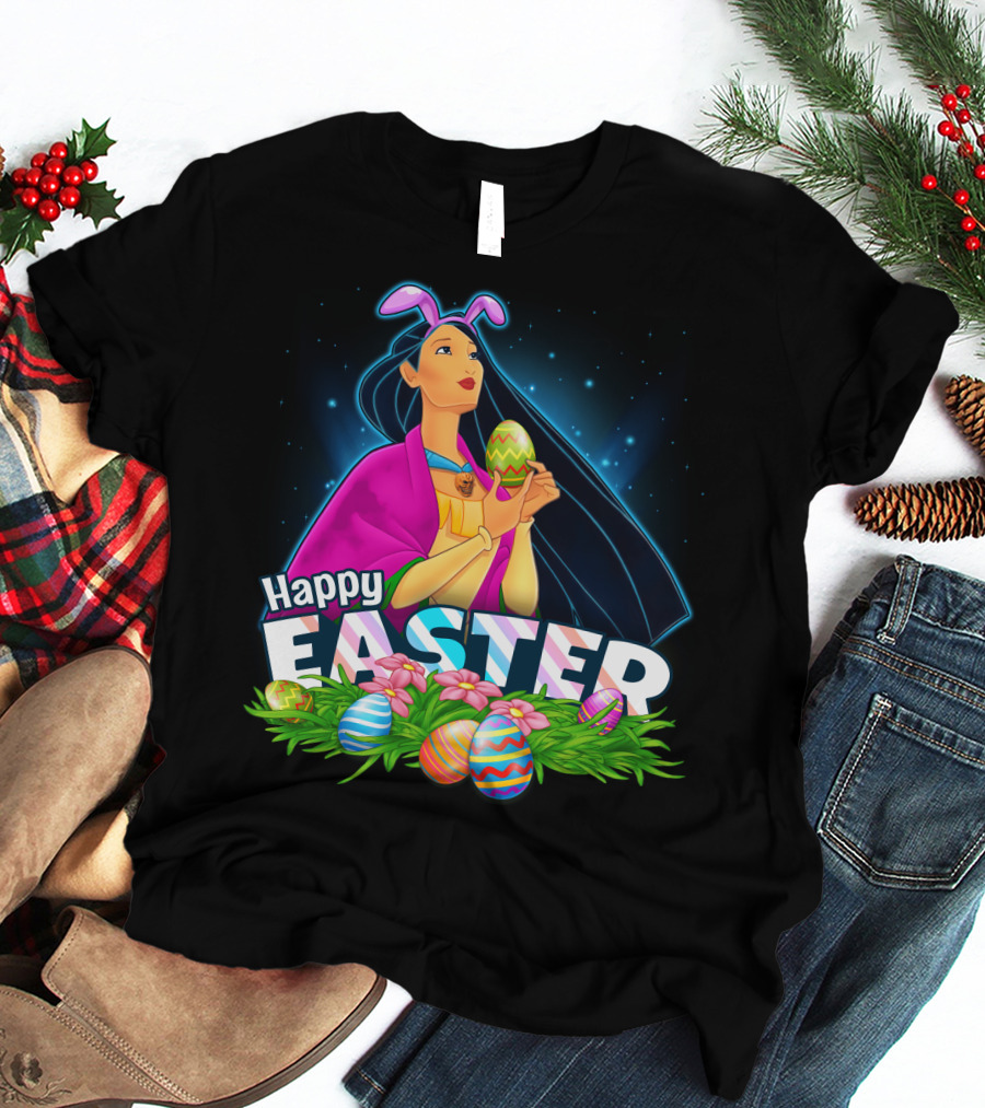 Pocahontas Happy Easter Colorful Eggs And Flowers Scene T-Shirt