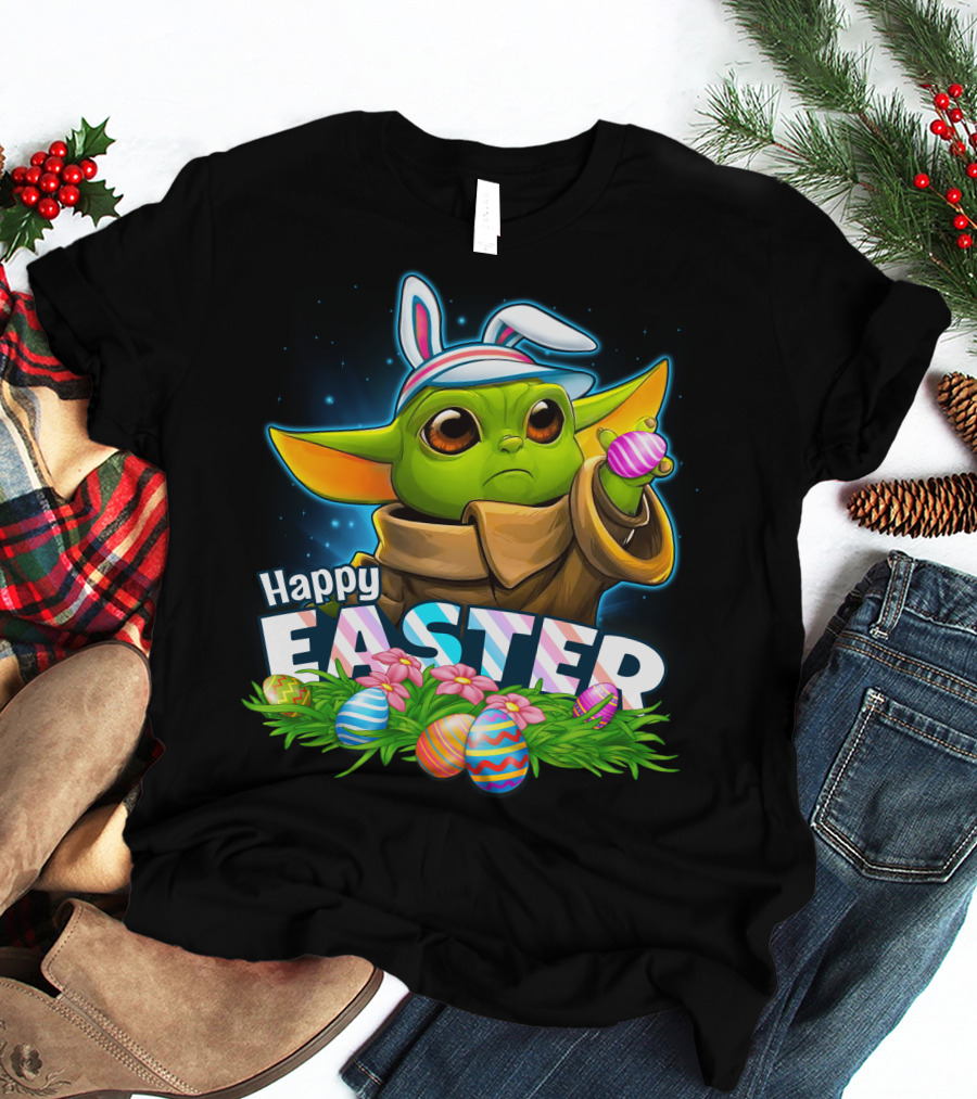 Happy Easter Yoda Bunny With Colorful Eggs T-Shirt