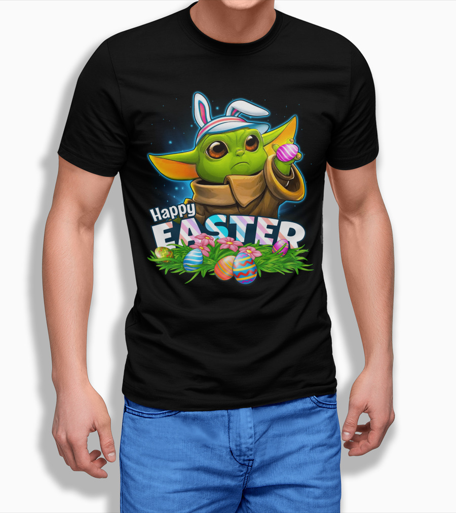 Happy Easter Yoda Bunny With Colorful Eggs T-Shirt