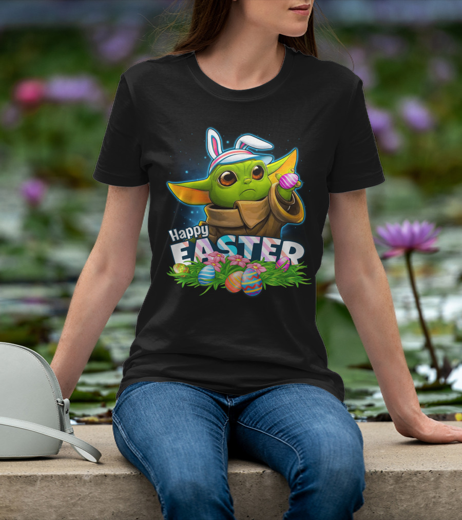 Happy Easter Yoda Bunny With Colorful Eggs T-Shirt
