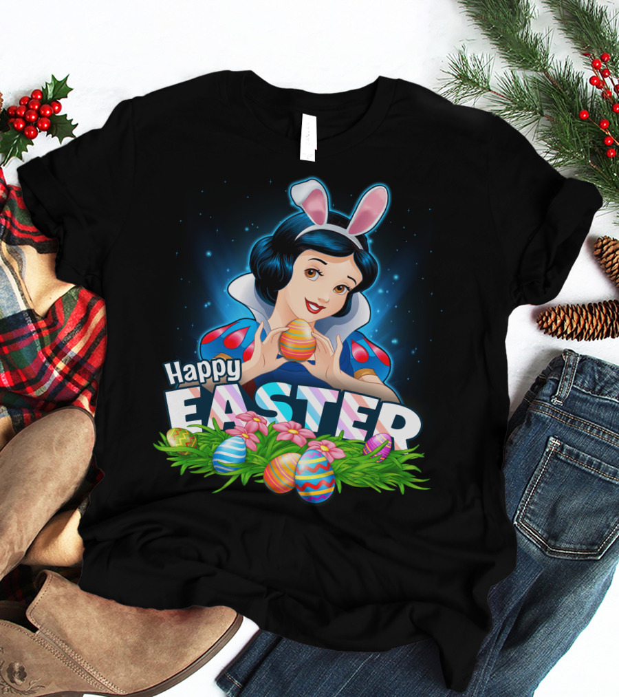 Snow White Happy Easter Bunny Ears Colorful Eggs Spring Celebration T-Shirt