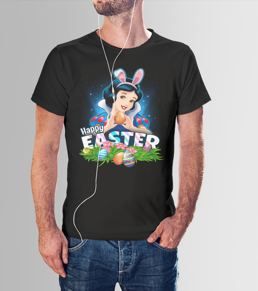Snow White Happy Easter Bunny Ears Colorful Eggs Spring Celebration T-Shirt